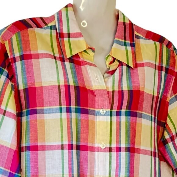 Talbots Irish Linen Madras Plaid Button Down Crisp Linen Pink and Blue Women's M - Picture 3 of 7